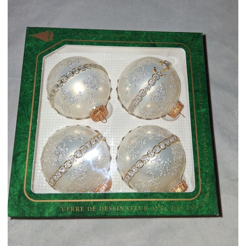Christmas by Krebs Glass Christmas Ornaments Set of 4 Tinsel Trim USA made